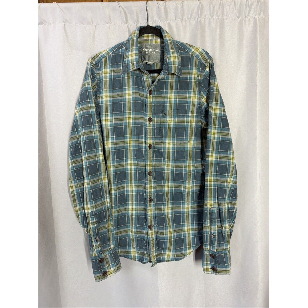 Abercrombie & Fitch Plaid Flannel Shirt Large Blue Yellow Long sleeve Cotton